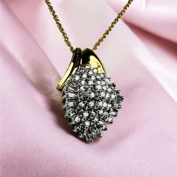 VINTAGE- 14K Gold- 2CT Natural Diamond Necklace -17"-Cluster Round Baguette-2.5g - Picture 6 of 16